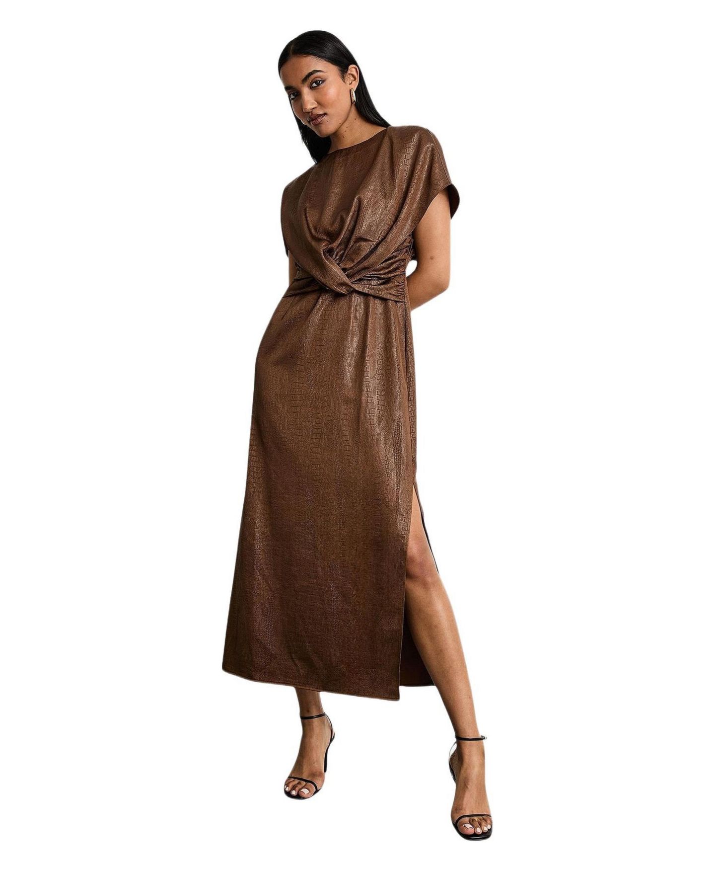 Женское платье Warehouse Leather Look Twist Front Midi, цвет: Шоколадный — фото 1