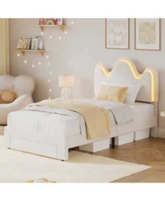 Bed Frame Adjustable Upholstered Headboard Storage Drawers Boucle Lamb Fleece Led Kids Bed Wood Slats