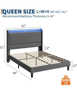 Upholstered Platform Bed Frame with Headboard Charging Station LED RGB Smart Control Storage Shelves No Box Spring
