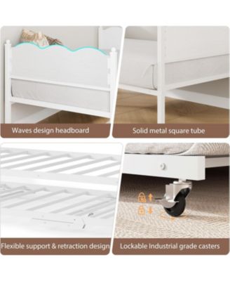 Daybed with Trundle, Twin Size Day Bed with Metal Slat Support & Lockable Casters, Wavy Headboard with Wood Grain, Space-Saving Sofa Bed