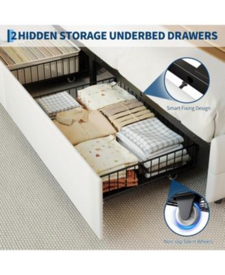 Full Size Bed Frame with 2 Storage Drawers, Upholstered Bed Frame Full LED Light, Double-Layer Bedside Headboard Charging Socket USB