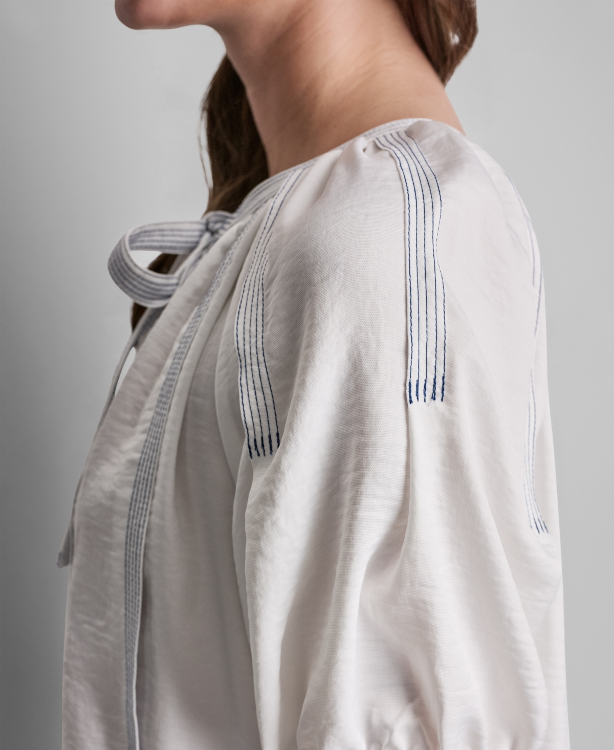 Dkny Women's Puff-Sleeve Top Stitch Tie Front Blouse