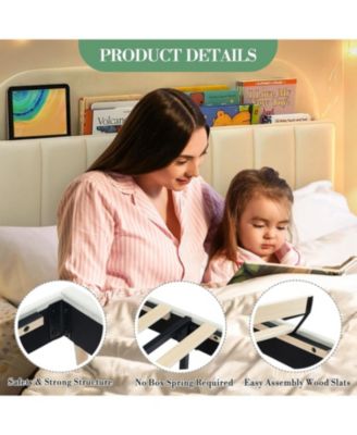 Full Bed Frame Storage Headboard Velvet Upholstered Platform Bed Kids Wood Slats Noise Free
