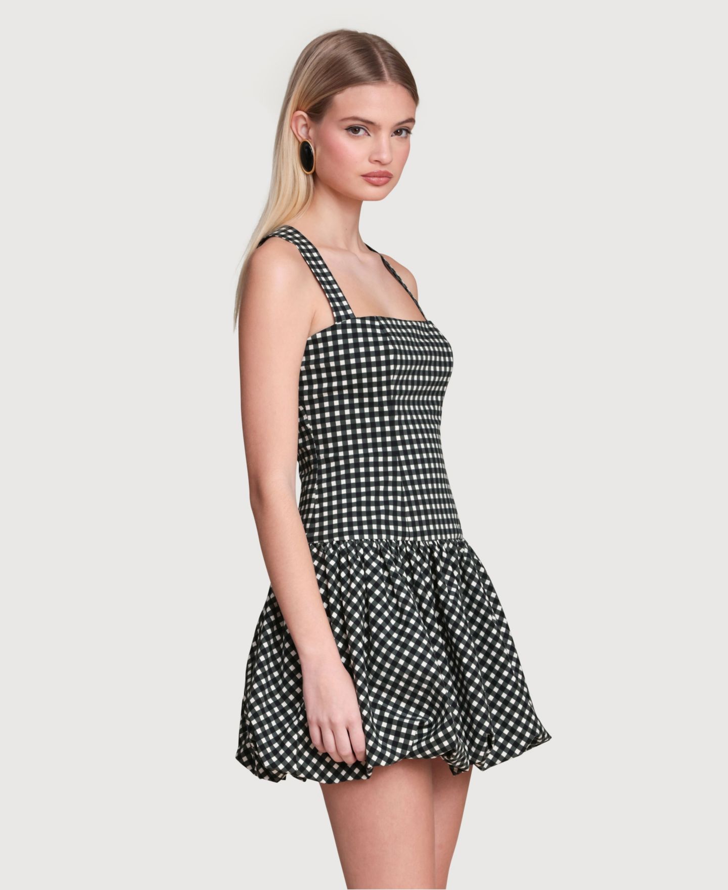 Женское платье Avec Les Filles Drop Waist Bubble Hem Mini, цвет: Чёрный / Кремовый в мелкую клетку — фото 4