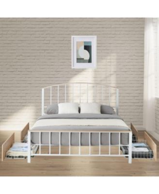 Queen Metal Bed Frame With Headboard and Footboard 4 Storage Drawers No Box Spring Space Saving