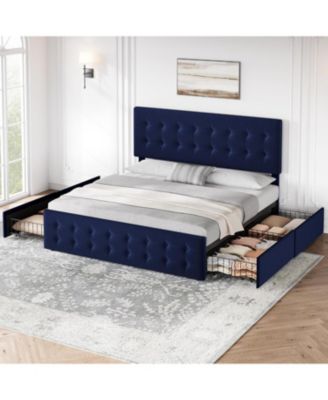 King Bed Frame With 4 Drawers Velvet Upholstered Headboard Button Design Wood Slats No Box Spring