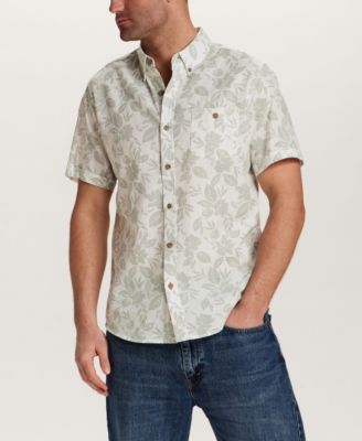 Men's Short-Sleeve Button Down Print Linen Cotton Shirt