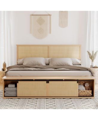 Full Rattan Bed Frame With Sliding Barn Door Storage Cabinets LED Headboard Boho Platform Solid Wood No Box Spring