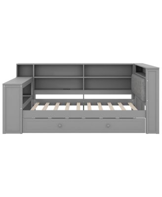 Twin Wood Platform Bed with Storage, Trundle, Charging Ports, LED Lighting, and Desk Headboard