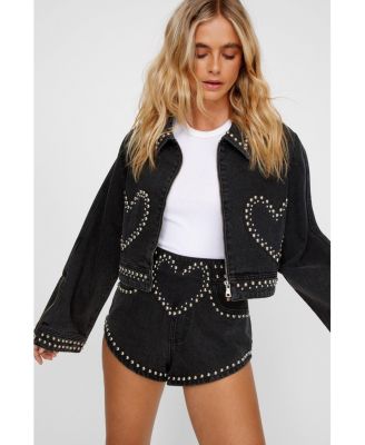 Women's Heart Studded Cropped Denim Jacket