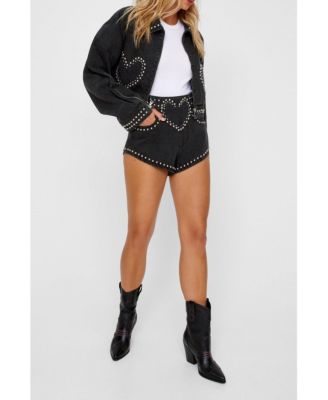 Women's Heart Studded Cropped Denim Jacket