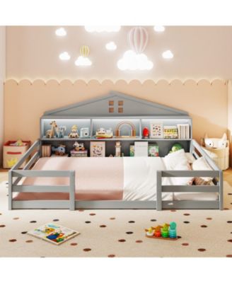 Montessori Floor Bed with Storage Compartments and Shelf