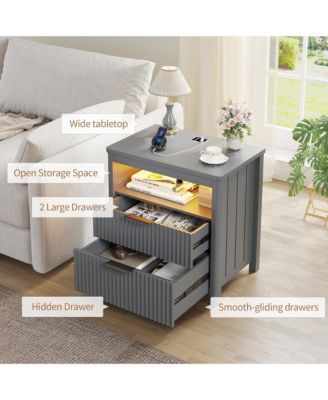 24" Modern LED Nightstand with 3 Drawers and Charging Station