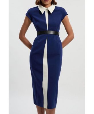 Women's Contrast Collar Tailored Midi Dress