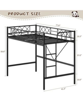 Twin Size Loft Bed, Heavy Duty Metal Frame with Arched Guardrail, Flat Ladder Rung, and Steel Slat Support, No Box Spring Required