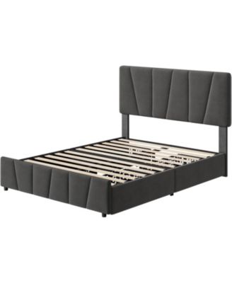 Full Bed Frame Adjustable Headboard 4 Drawers Upholstered Platform Wooden Slats No Box Spring
