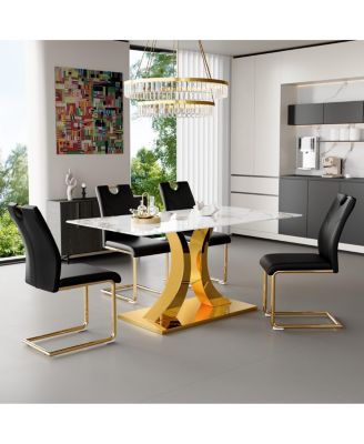 Streamdale Marble-patterned glass dining set with gold accents: 63-inch foldable table & 4 armchairs