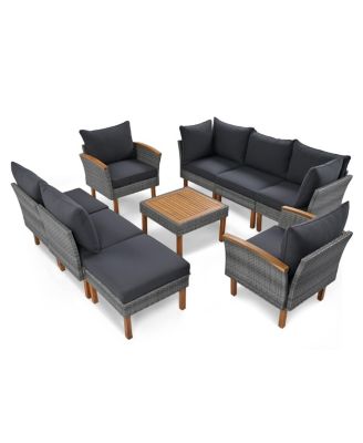 9-Piece Outdoor Patio Wicker Furniture Set with Acacia Wood Legs