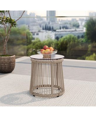 Outdoor Rope Weave Tempered Glass Top Side Table