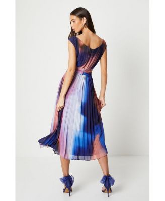 Women's Printed Pleated V-Neck Midi Dress