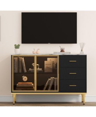 Fluted Buffet Cabinet with Storage LED Lights Plus 3 Drawers Modern Sideboard Table for Kitchen Living Room.