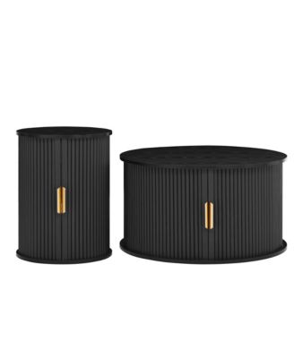 Mid-Century Coffee Table Set, Round Fluted End Table With Storage, Golden Handle and Sliding Tambour Door, Side Table for Living Room