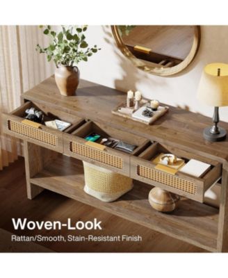 Entryway Table with 3 Rattan Drawers, Narrow Console Sofa Table with 2-Tier Open Storage Shelf
