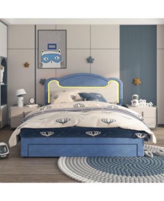 Full Size Upholstered Bed Frame with LED Lights, Fabric Headboard, Princess Platform Bed, Wood Slats, No Box Spring with Drawer