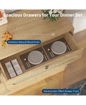 Rattan Sideboard Cabinet with Adjustable Shelves, Buffet with 2 Drawers and 4 Rattan Doors for Dining Room