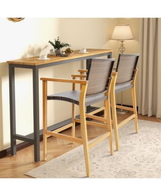 Patio Rattan Bar Stool Set of 4 Outdoor PE Wicker Bar Chairs w/ Armrests & Sturdy Footrests