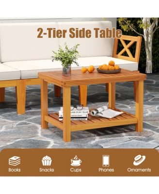 5 PCS Acacia Wood Patio Chaise Lounge Chair Set w/ 2-Tier Coffee Table Cushions