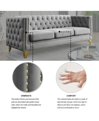 Velvet Sofa for Living Room, Tufted Square Arm Couch, Modern Upholstered Button & Metal Legs