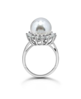 1.0 Cttw 2mm Round Cubic Zirconia Halo 11mm Imitation Pearl on Polish Band Ring