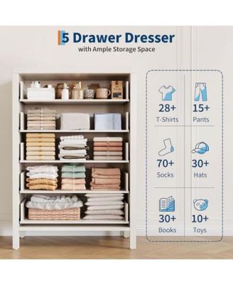 5 Drawer Dresser for Bedroom, 47" Tall Modern Chest of Drawers, Curved Profile Design, Wood Drawer Organizer