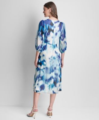 Women's 3/4-Balloon-Sleeve Surplice Neck Knot Front Midi Dress