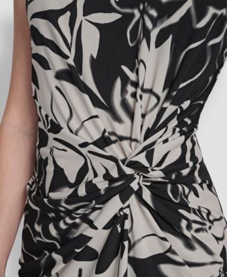 Women's Sleeveless Jewel Neck Side Knot Floral Midi Dress