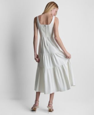 Women's Sleeveless Square Neck Tiered Linen Midi Dress