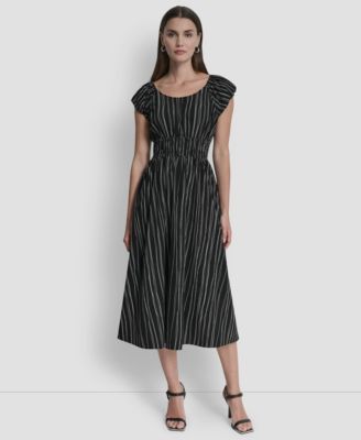 Women's Short Puff-Sleeve Striped Jewel Neck Midi Dress