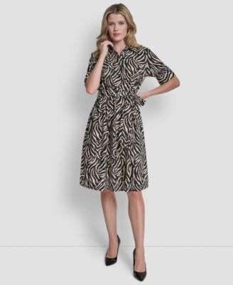 Women's Elbow Sleeve Collared Neck Button-Front Belted Shirtdress