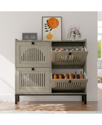 Shoe Storage Cabinet with 4 Flip Drawer, Shoes Organizer with Hollow Out Panel & Square Handles