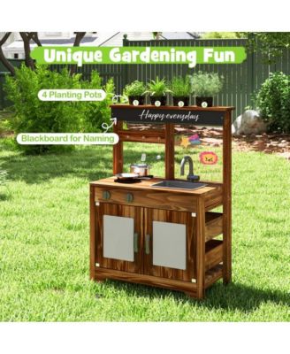 Mud Kitchen Fir Wood Play Kitchen with 4 Panting Pots Faucet Removable Sink