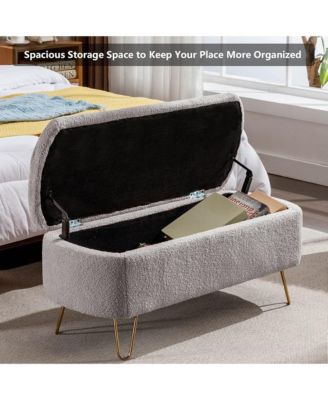 Modern Storage Ottoman Bench - Oval Faux Fur Entryway Bench, End of Bed Bench with Gold Legs for Living Room, Bedroom