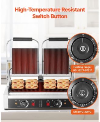 Commercial Electric Panini Press Grill with Full Grooved Plates and Temperature Control