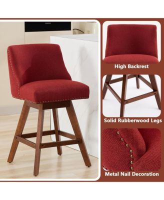 Swivel Bar Stools Set of 2, Modern Upholstered Counter Height Chairs with Wooden Legs and Nailhead Trim for Kitchen Island
