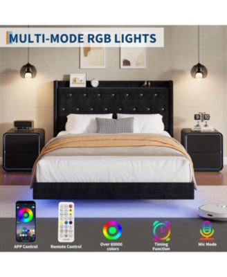 Modern Queen Floating Bed Frame With LED Lights Upholstered Storage Headboard Noise Free No Box Spring