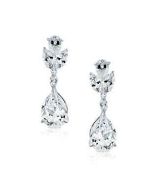 Classic Formal Leaf Motif CZ Cubic Zirconia Teardrop Dangle Clip-On Earrings Silver Plated
