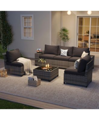 6-Piece Black Wicker Outdoor Sectional Sofa Set with Grey Cushions and Glass-Top Coffee Table