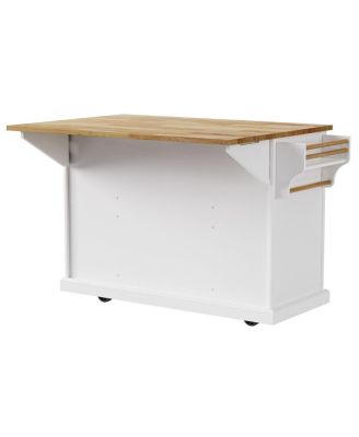 54" White Kitchen Island with Drop Leaf, 4 Doors, 3 Drawers, on Wheels