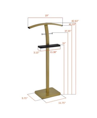 Freestanding Clothing Valet Rack Stand, Metal & Wood Suit Rack with Clothing Bar, Accessory Tray & 2 Hooks for Bedroom or Closet