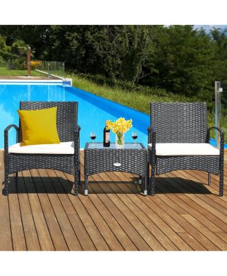 3 PCS Furniture Set Table & 2 Chair Patio Wicker Rattan W/Cushion